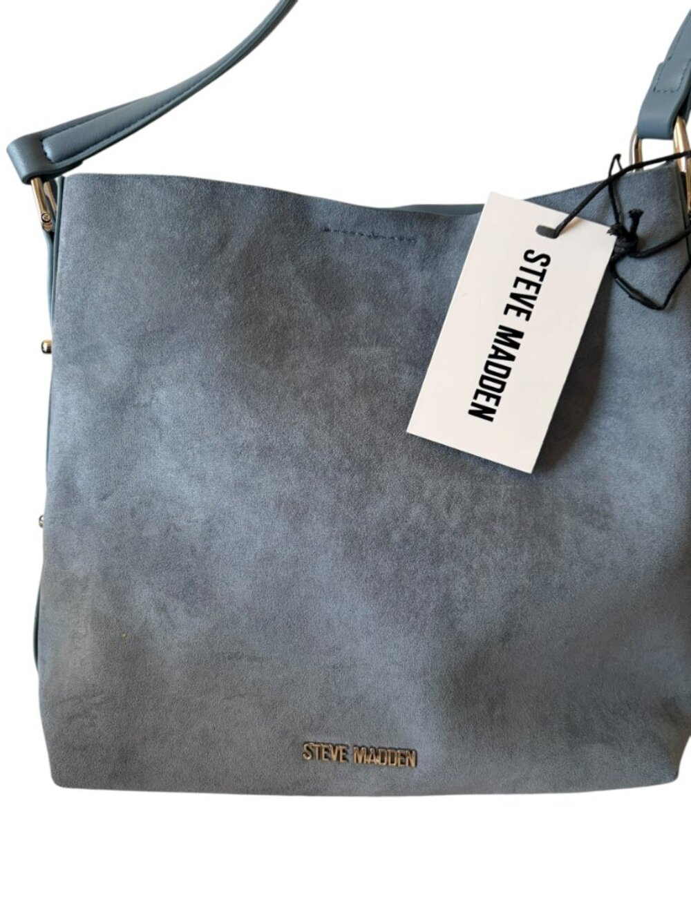 Steve Madden BRIZZO Soft Blue Suede Bucket Bag with Gold-Toned Hardware and Logo
